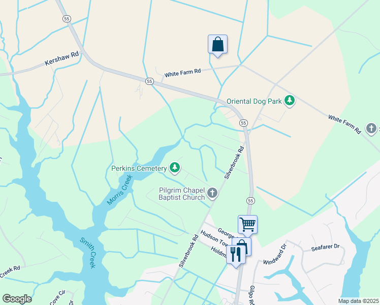 map of restaurants, bars, coffee shops, grocery stores, and more near 357 Morris Creek Lane in Oriental