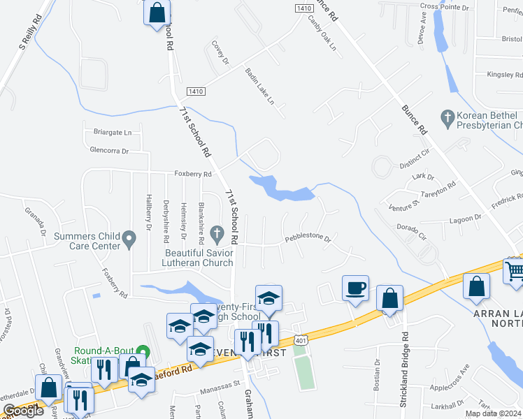 map of restaurants, bars, coffee shops, grocery stores, and more near 1402 Averton Court in Fayetteville