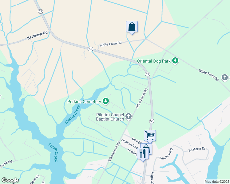 map of restaurants, bars, coffee shops, grocery stores, and more near 357 Morris Creek Lane in Oriental