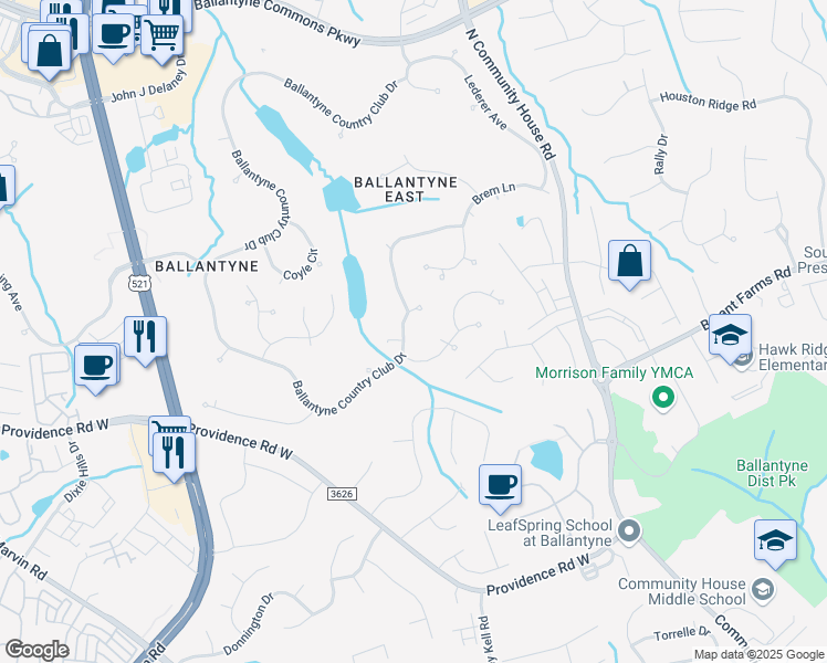 map of restaurants, bars, coffee shops, grocery stores, and more near 15708 Ballantyne Country Club Drive in Charlotte