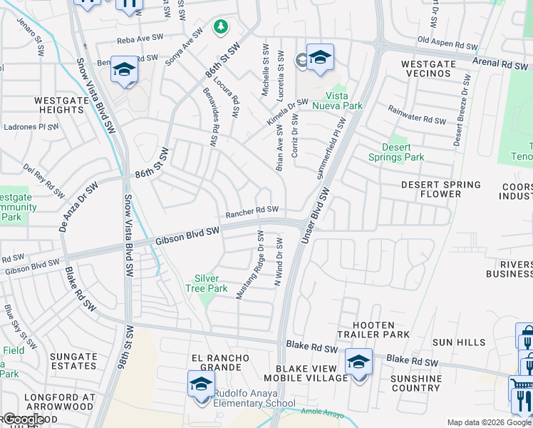 map of restaurants, bars, coffee shops, grocery stores, and more near 8500 Rancher Road Southwest in Albuquerque