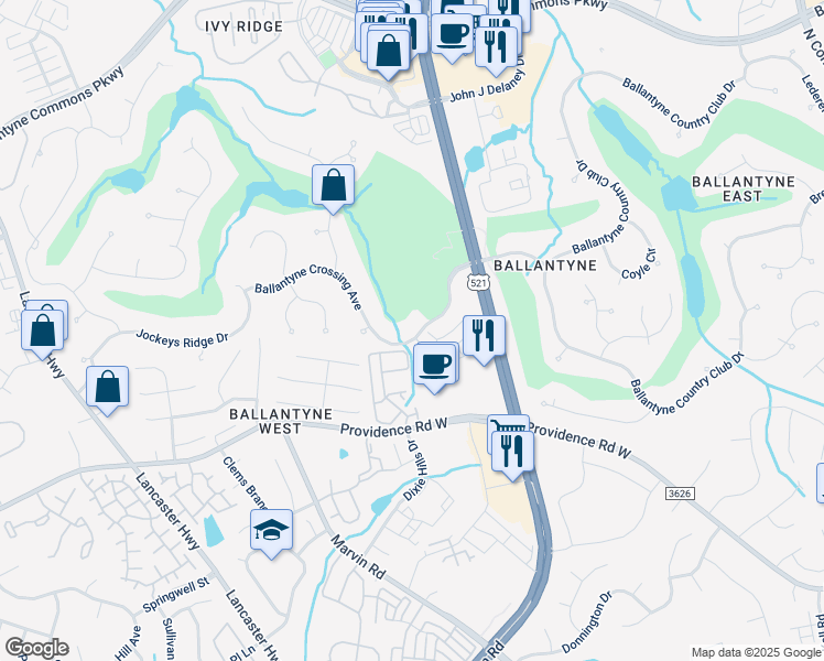 map of restaurants, bars, coffee shops, grocery stores, and more near 11252 Ballantyne Crossing Avenue in Charlotte