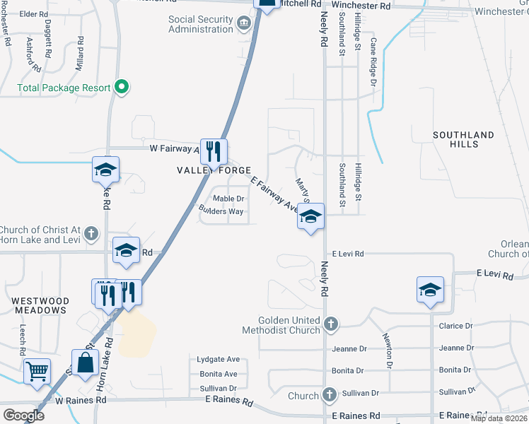 map of restaurants, bars, coffee shops, grocery stores, and more near 141 South Fairway Cove in Memphis