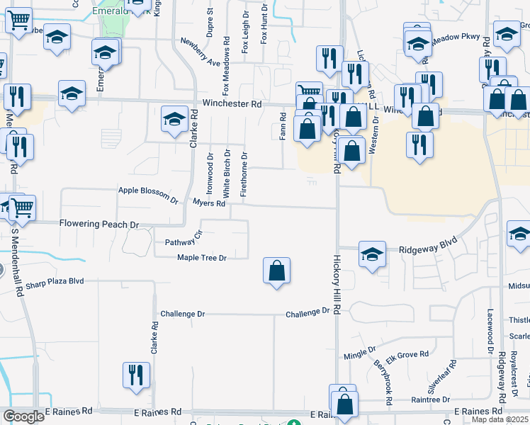 map of restaurants, bars, coffee shops, grocery stores, and more near 5779 Myers Road in Memphis
