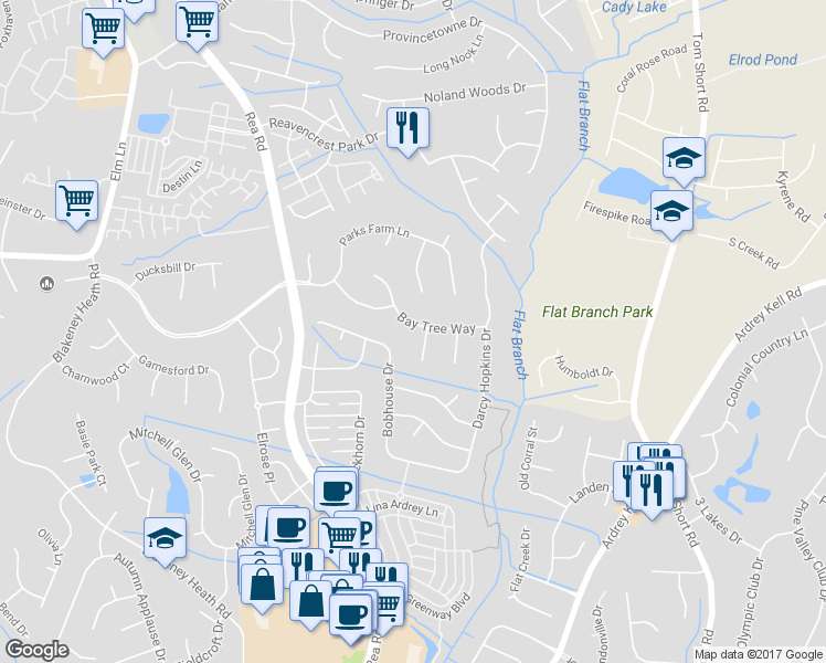 map of restaurants, bars, coffee shops, grocery stores, and more near 12107 Bay Tree Way in Charlotte