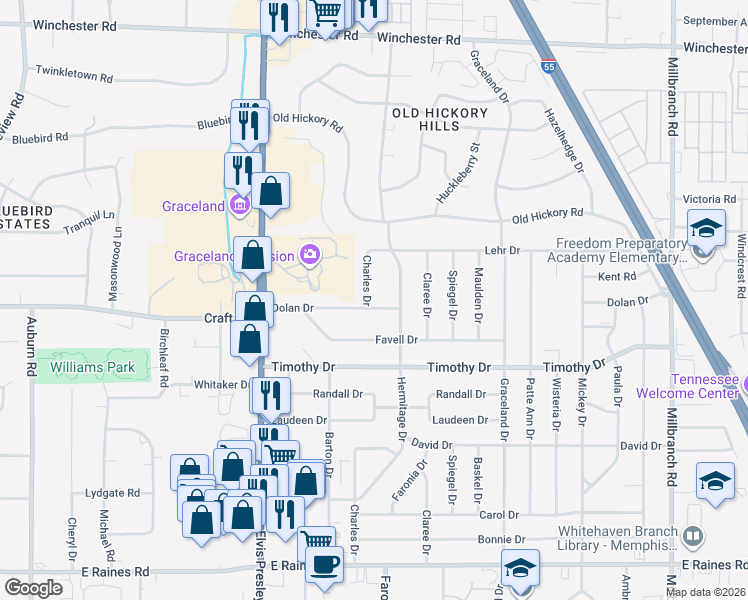 map of restaurants, bars, coffee shops, grocery stores, and more near 1289 Dolan Drive in Memphis