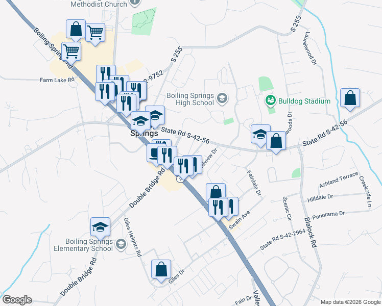 map of restaurants, bars, coffee shops, grocery stores, and more near 111 State Road S-42-2249 in Boiling Springs