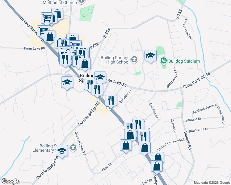 map of restaurants, bars, coffee shops, grocery stores, and more near 111 State Road S-42-2249 in Boiling Springs