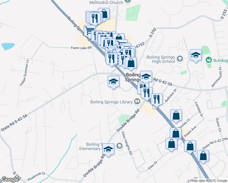 map of restaurants, bars, coffee shops, grocery stores, and more near 3655 Boiling Springs Road in Boiling Springs