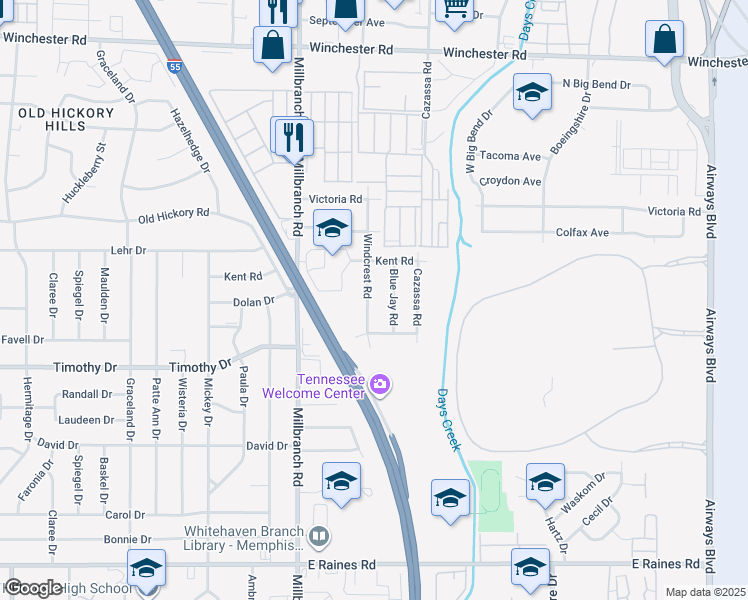 map of restaurants, bars, coffee shops, grocery stores, and more near 3808 Windcrest Road in Memphis