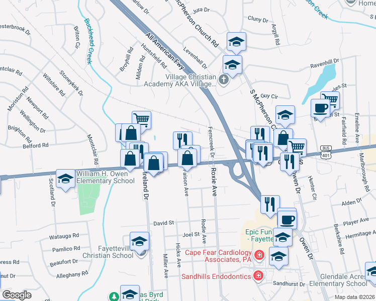 map of restaurants, bars, coffee shops, grocery stores, and more near 1931 Dante Lane in Fayetteville