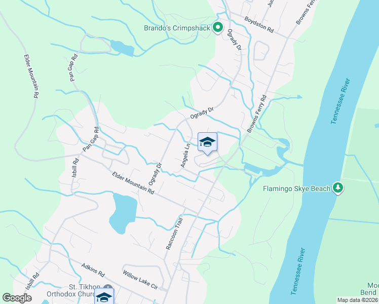 map of restaurants, bars, coffee shops, grocery stores, and more near 3402 Angela Lane in Chattanooga