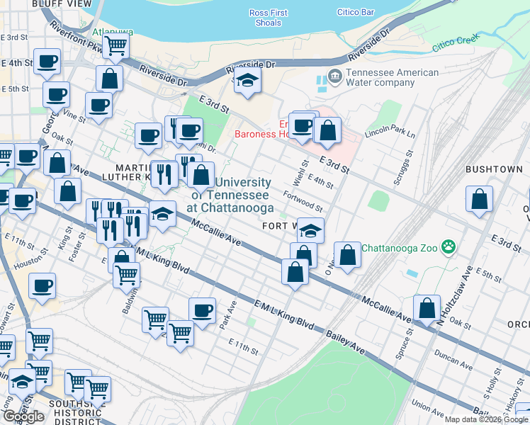 map of restaurants, bars, coffee shops, grocery stores, and more near 837 Clark Street in Chattanooga
