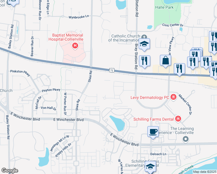 map of restaurants, bars, coffee shops, grocery stores, and more near 1371 Schilling Boulevard West in Collierville