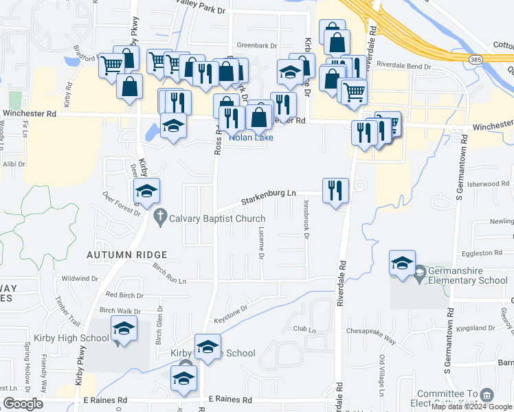 map of restaurants, bars, coffee shops, grocery stores, and more near 3803 Lucerne Drive in Memphis