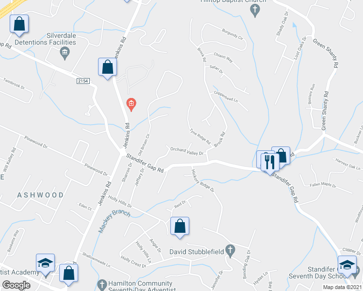 map of restaurants, bars, coffee shops, grocery stores, and more near 7921 Orchard Valley Drive in Chattanooga