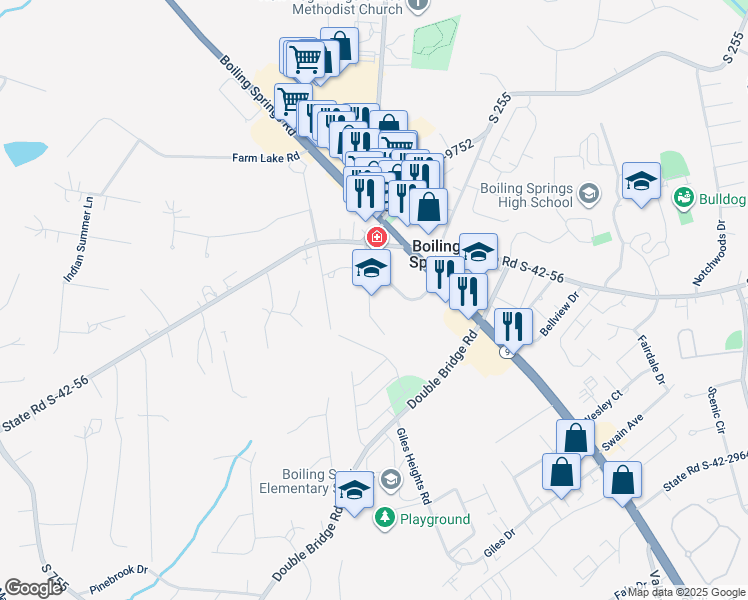 map of restaurants, bars, coffee shops, grocery stores, and more near 3655 Boiling Springs Road in Boiling Springs