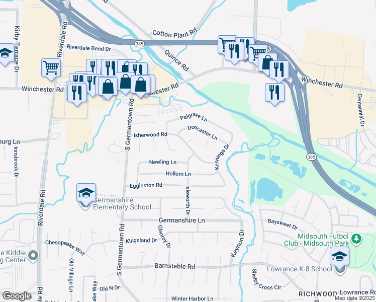 map of restaurants, bars, coffee shops, grocery stores, and more near 7351 Isherwood Road in Memphis