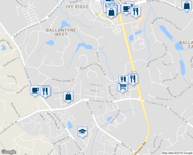 map of restaurants, bars, coffee shops, grocery stores, and more near 28202 Brick Church Court in Charlotte