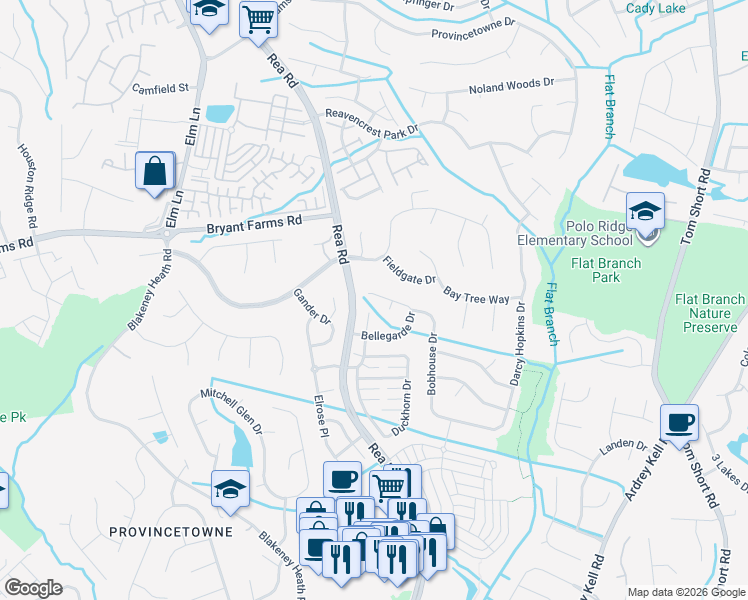 map of restaurants, bars, coffee shops, grocery stores, and more near 12124 Bobhouse Drive in Charlotte