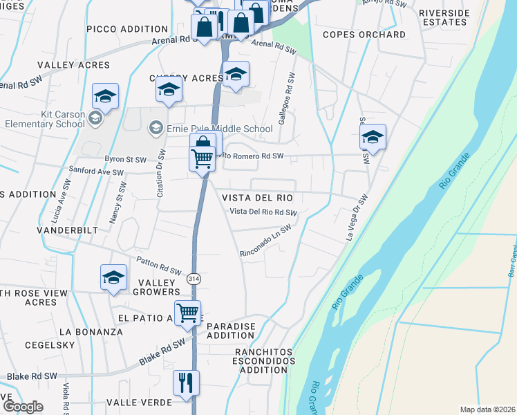map of restaurants, bars, coffee shops, grocery stores, and more near 1400 Vista Del Rio Road Southwest in Albuquerque