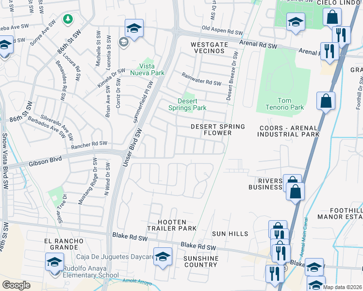 map of restaurants, bars, coffee shops, grocery stores, and more near 2416 Desert Springs Drive Southwest in Albuquerque
