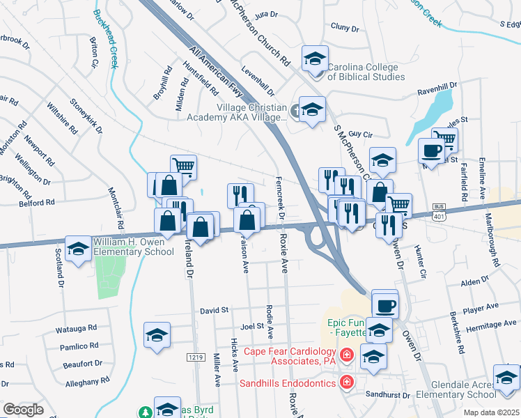 map of restaurants, bars, coffee shops, grocery stores, and more near 3820 Raeford Road in Fayetteville