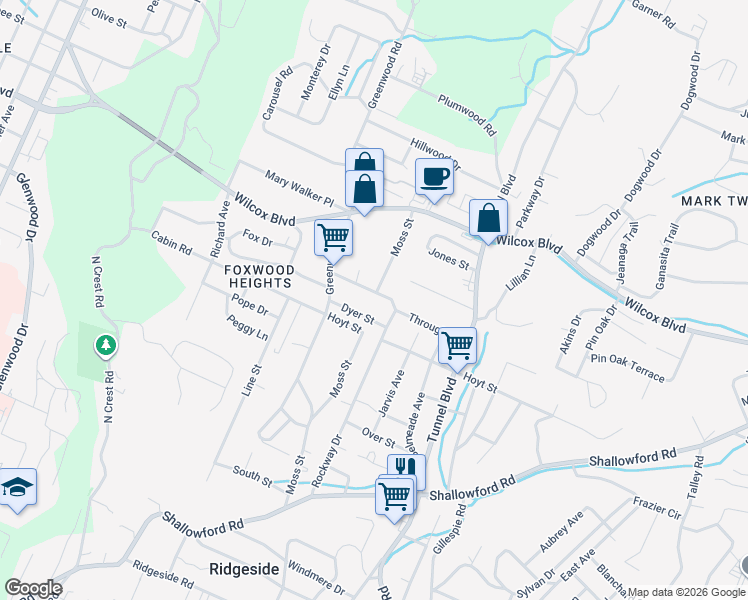 map of restaurants, bars, coffee shops, grocery stores, and more near 3215 Dyer Street in Chattanooga
