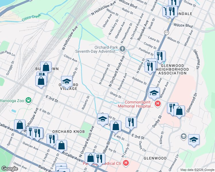 map of restaurants, bars, coffee shops, grocery stores, and more near 1820 Jackson Street in Chattanooga