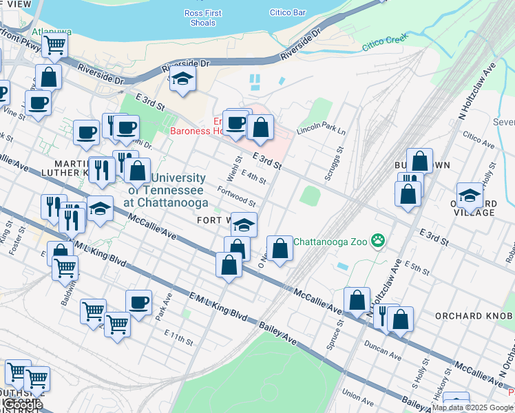 map of restaurants, bars, coffee shops, grocery stores, and more near 949 Vine Street in Chattanooga