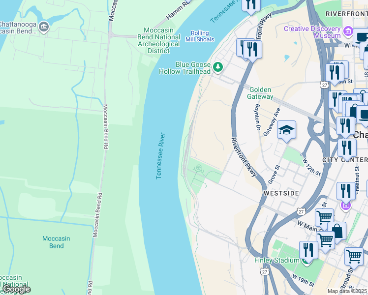map of restaurants, bars, coffee shops, grocery stores, and more near Windtower Drive in Chattanooga