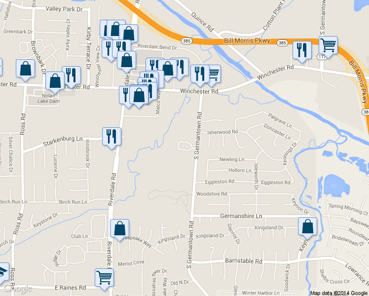 map of restaurants, bars, coffee shops, grocery stores, and more near 7167 South Germanwood Court in Memphis