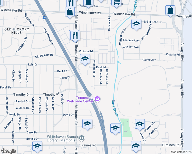 map of restaurants, bars, coffee shops, grocery stores, and more near 3822 Windcrest Road in Memphis
