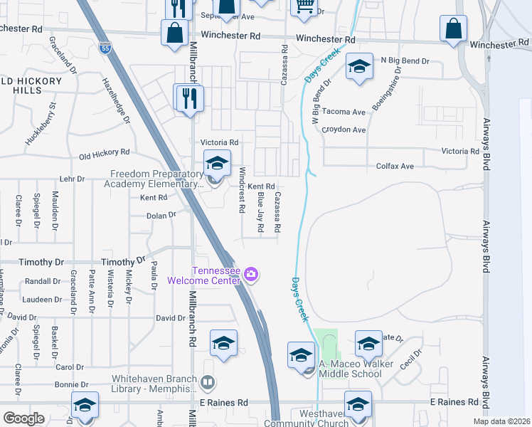map of restaurants, bars, coffee shops, grocery stores, and more near 3822 Blue Jay Road in Memphis