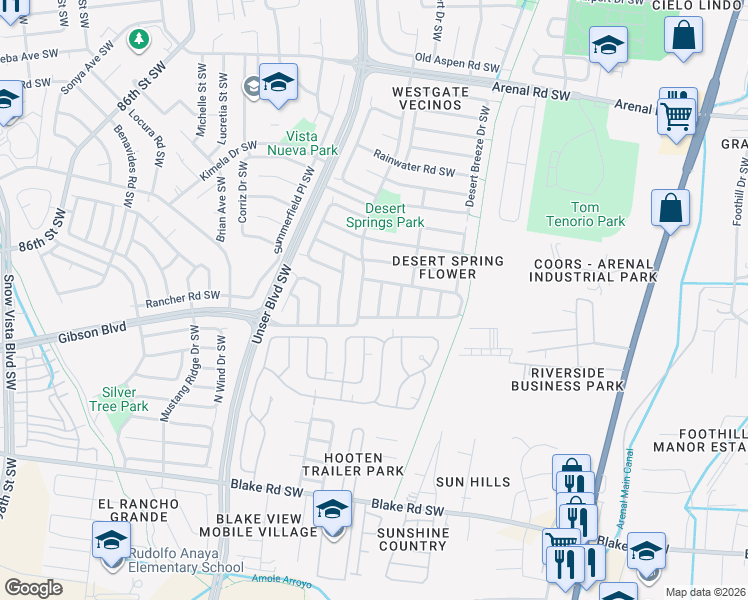 map of restaurants, bars, coffee shops, grocery stores, and more near 2416 Desert Springs Drive Southwest in Albuquerque