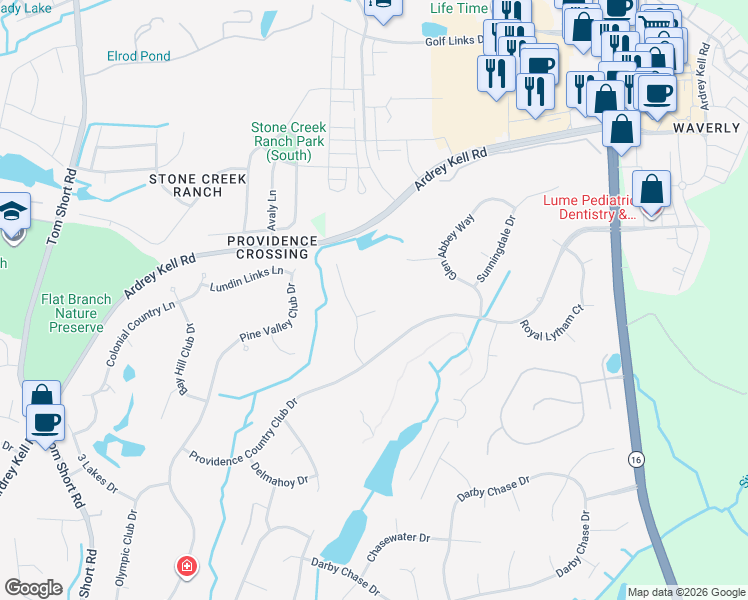 map of restaurants, bars, coffee shops, grocery stores, and more near 5803 Bruntsfield Place in Charlotte