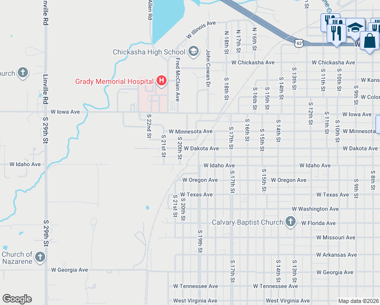 map of restaurants, bars, coffee shops, grocery stores, and more near 626 South 19th Street in Chickasha