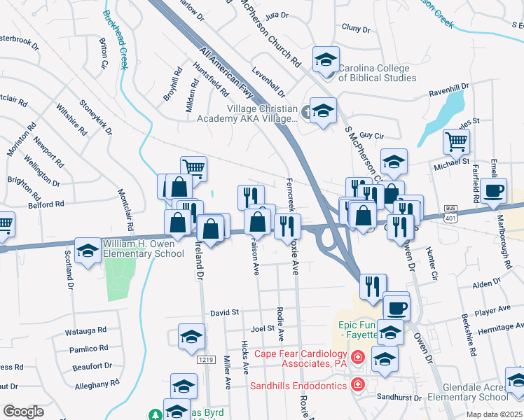map of restaurants, bars, coffee shops, grocery stores, and more near 1931 Dante Lane in Fayetteville