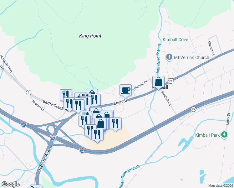map of restaurants, bars, coffee shops, grocery stores, and more near 116 Timber Ridge Drive in Kimball