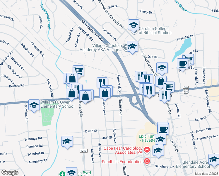 map of restaurants, bars, coffee shops, grocery stores, and more near 1931 Dante Lane in Fayetteville