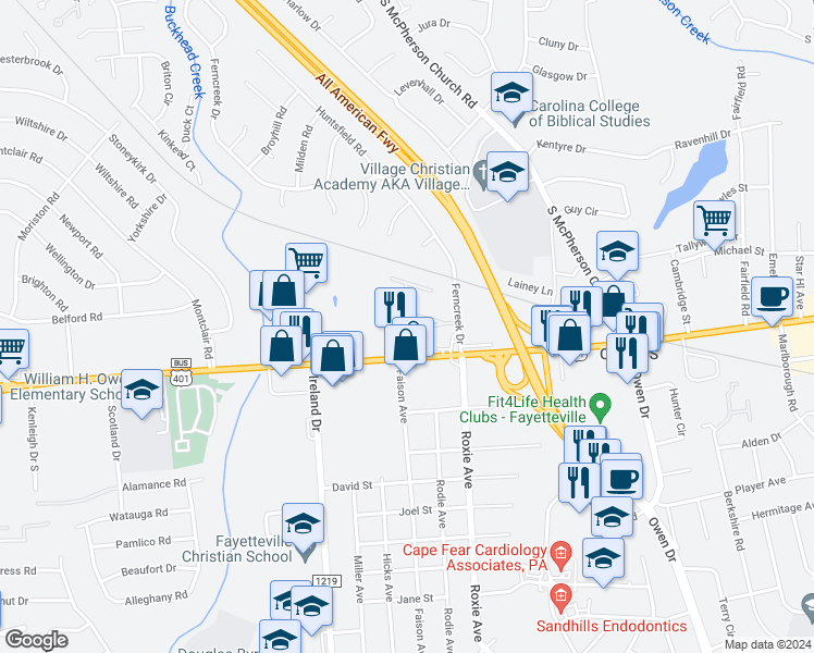 map of restaurants, bars, coffee shops, grocery stores, and more near 1931 Dante Lane in Fayetteville