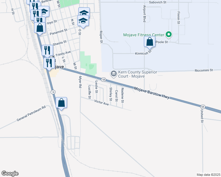 map of restaurants, bars, coffee shops, grocery stores, and more near Shirley Street in Mojave