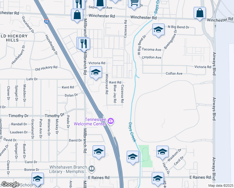 map of restaurants, bars, coffee shops, grocery stores, and more near 3822 Blue Jay Road in Memphis