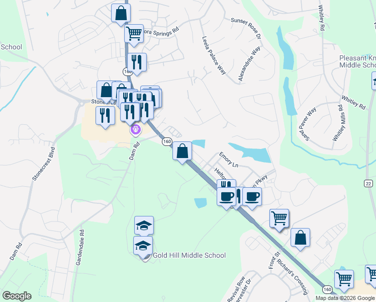 map of restaurants, bars, coffee shops, grocery stores, and more near 124 Helton Lane in Fort Mill