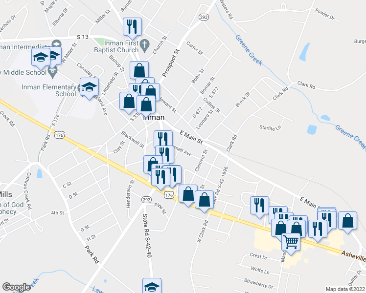 map of restaurants, bars, coffee shops, grocery stores, and more near 18 Gosnell Avenue in Inman