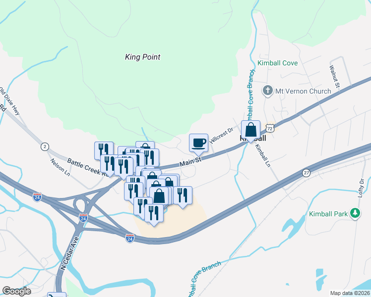 map of restaurants, bars, coffee shops, grocery stores, and more near 116 Timber Ridge Drive in Kimball