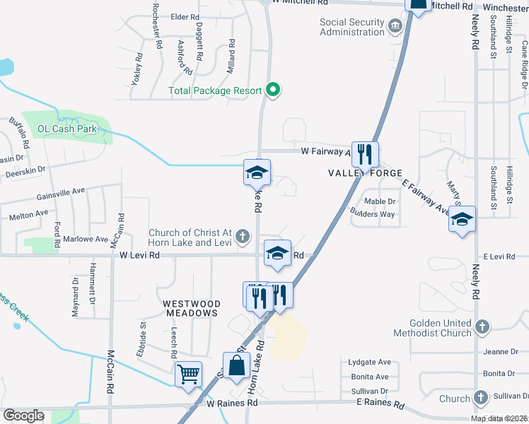 map of restaurants, bars, coffee shops, grocery stores, and more near 3810 New Horn Lake Road in Memphis