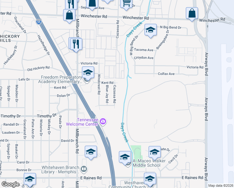 map of restaurants, bars, coffee shops, grocery stores, and more near 3816 Cazassa Road in Memphis