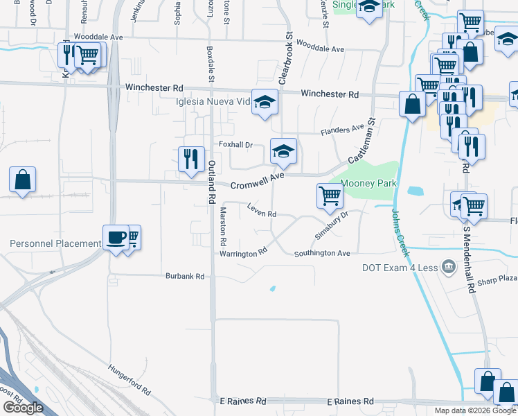 map of restaurants, bars, coffee shops, grocery stores, and more near 3824 Leven Cove in Memphis