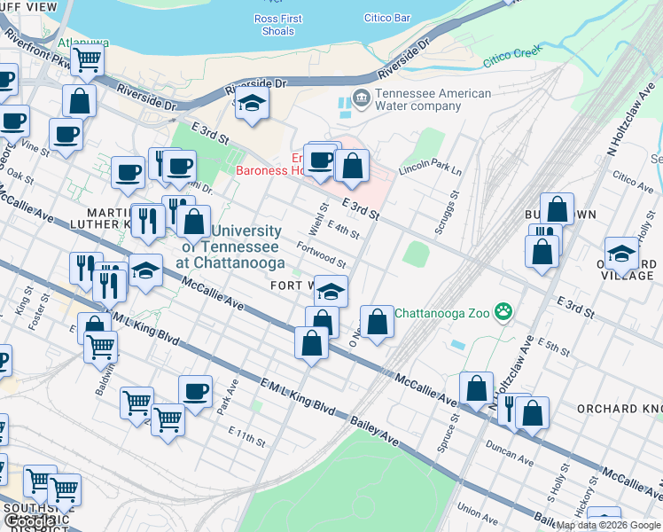 map of restaurants, bars, coffee shops, grocery stores, and more near 938 Fortwood Street in Chattanooga